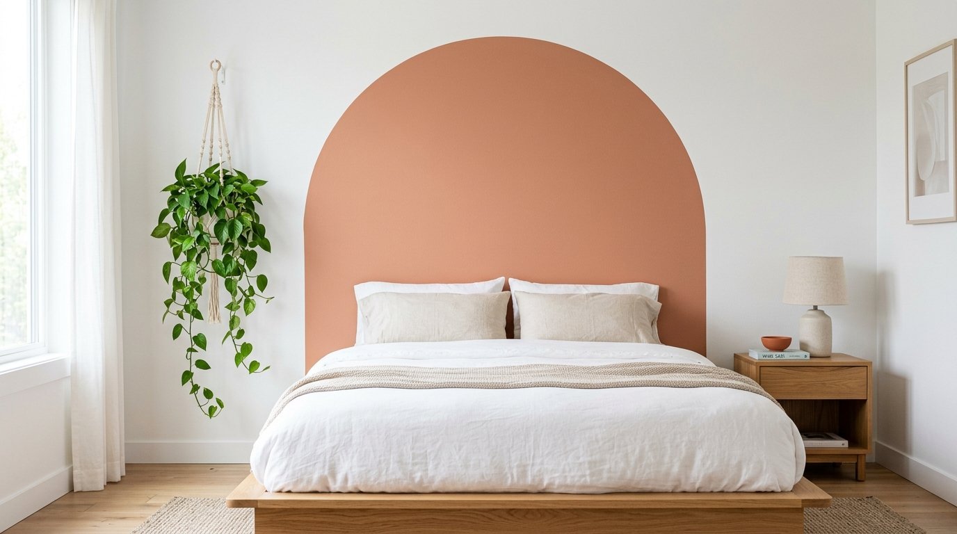 Modern bedroom with a large terracotta painted arch, hanging pothos plant, and oak platform bed frame.