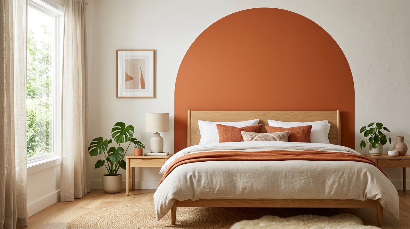 A light wood bed framed by a burnt orange painted arch on a white wall with minimalist decor and lush green plants.