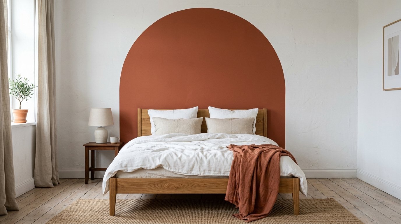 Minimalist bedroom with a white wall, burnt orange arch mural, oak bed frame, white bedding, and linen throw.
