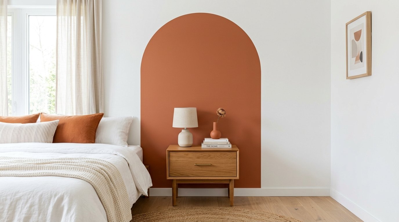 A bedroom wall with a large painted terracotta arch, wood bedside table, and layered neutral bedding.