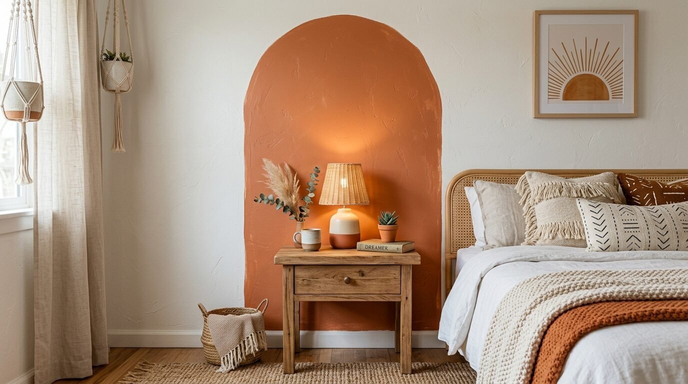 A rustic bedroom with a painted terracotta arch on the wall, a wicker lamp, and a wooden bedside table.