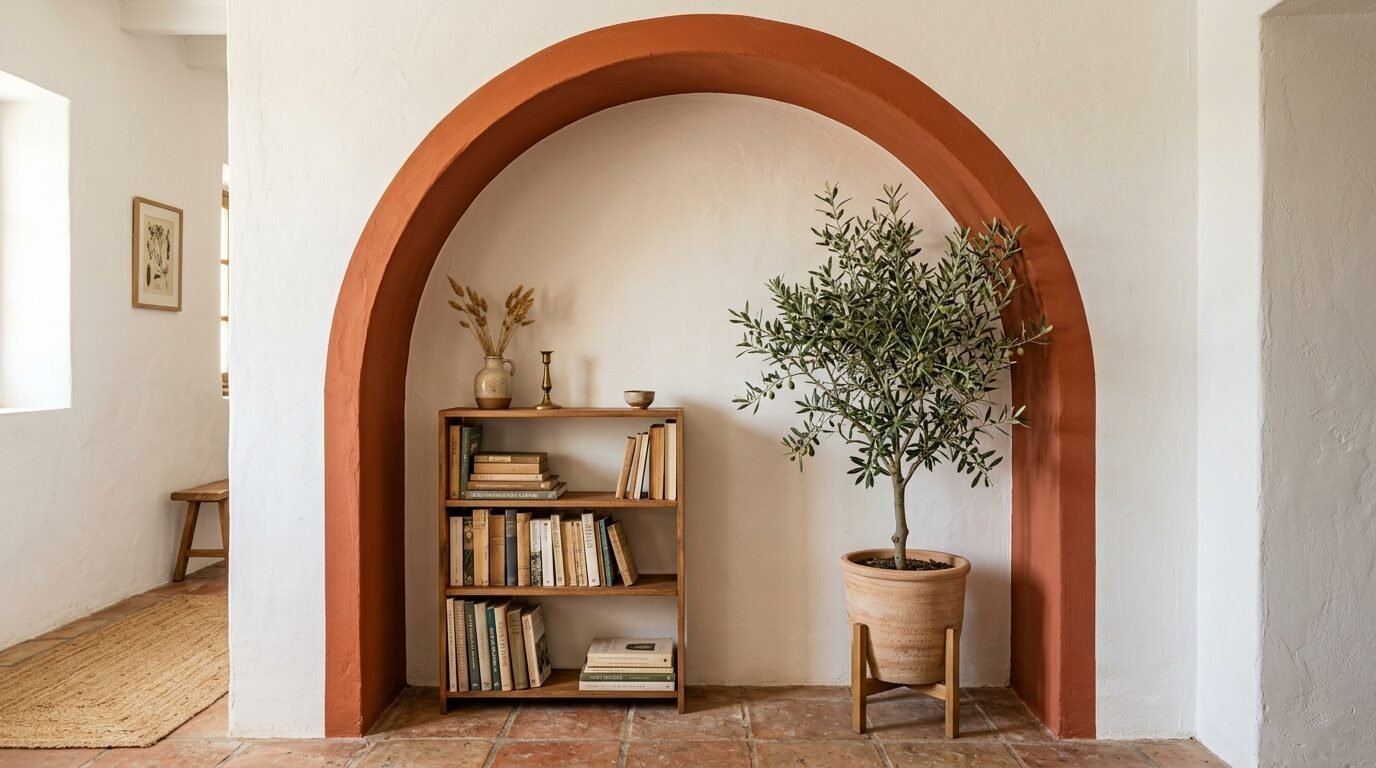 A wooden bookcase with books and a tall olive plant set inside a painted terracotta-colored wall archway.