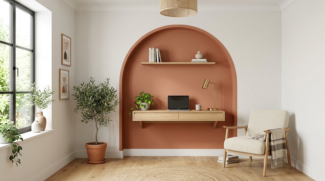 A floating desk inside a terracotta archway, accompanied by a cozy armchair and olive tree in a bright room.