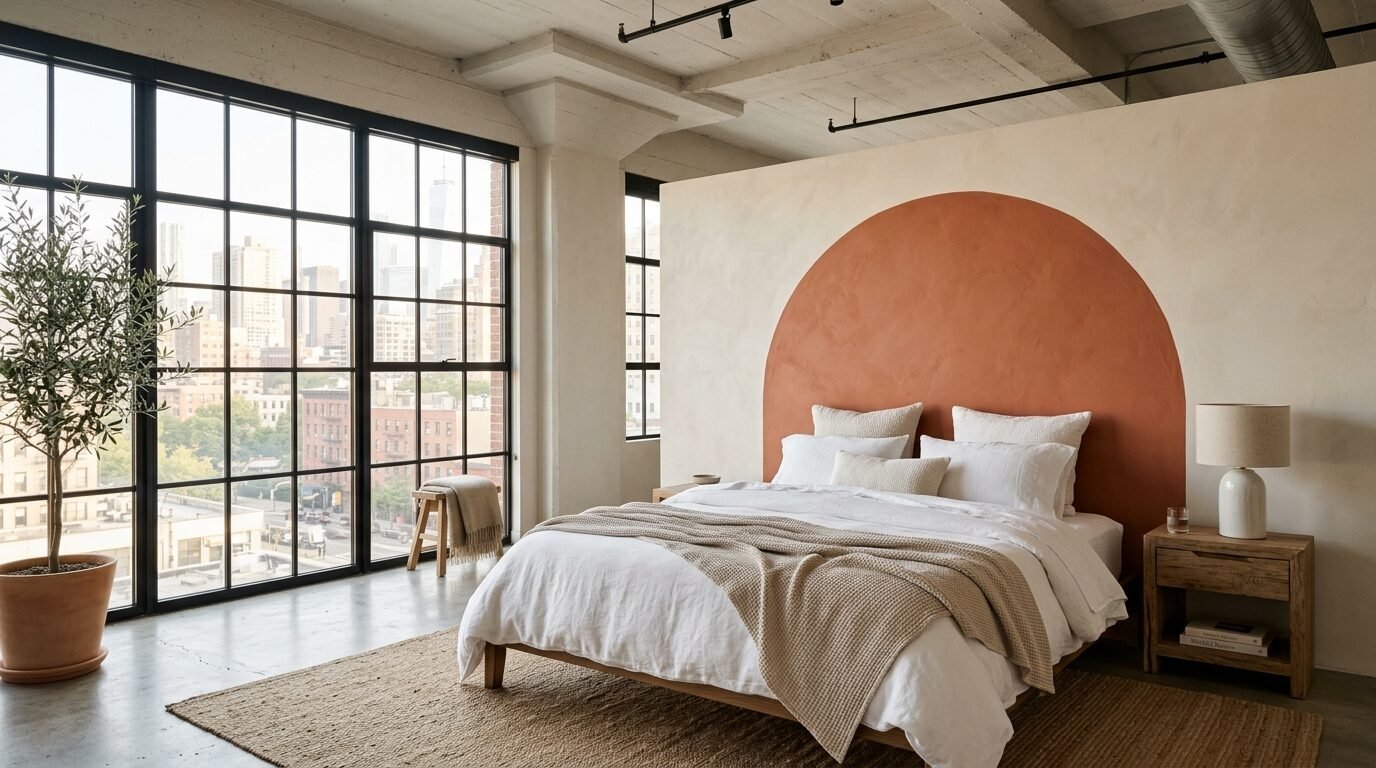 Sunny urban apartment bedroom with a terracotta painted half-circle accent wall behind a white bed.