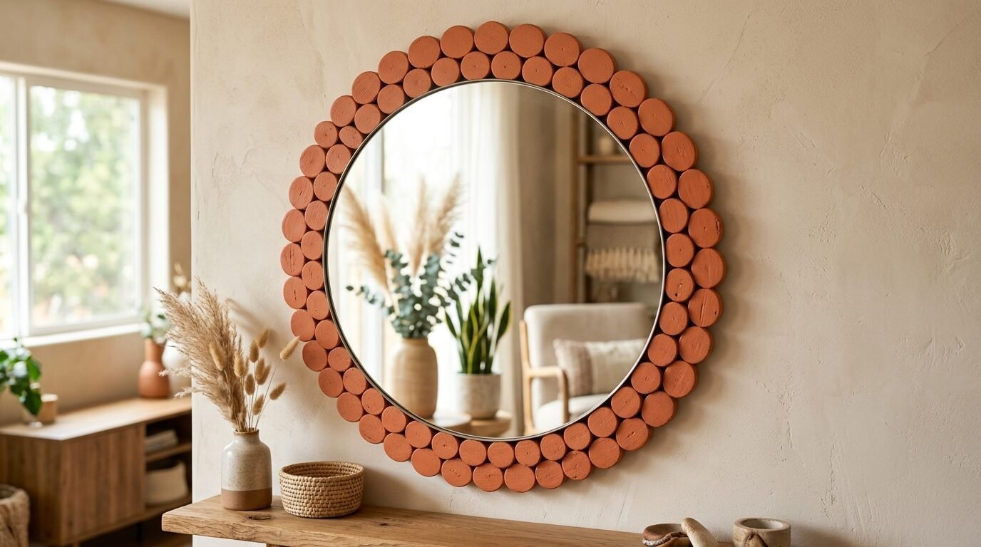 Round mirror featuring a textured, orange-toned circular wood disc frame mounted on a neutral interior wall.