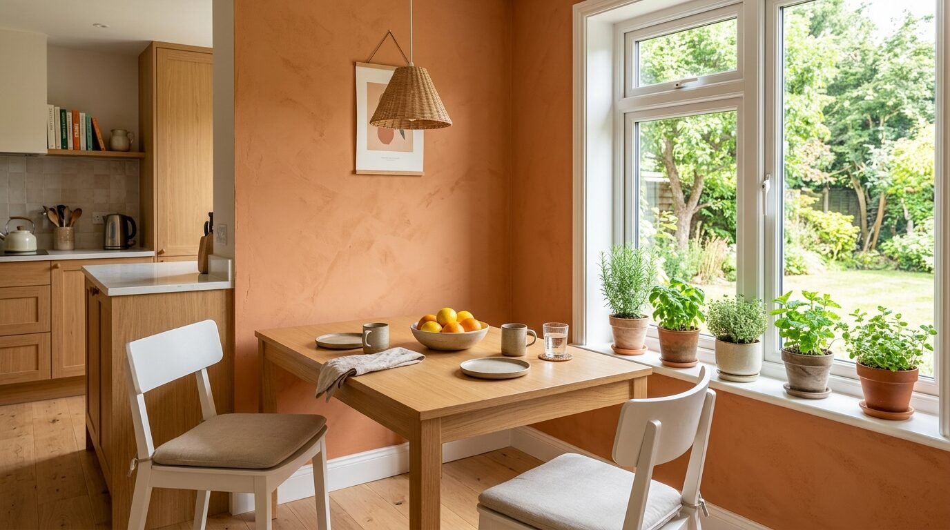 Sunlit dining corner with terracotta walls, wooden table, white chairs, and a row of potted herbs on the window sill.