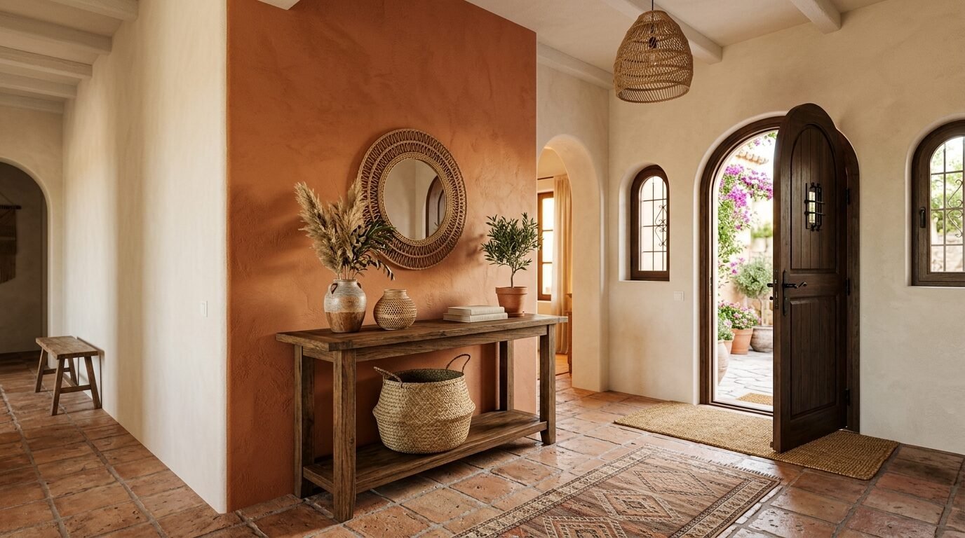 A console table sits against an orange wall in a Mediterranean style home with a wooden arched door.