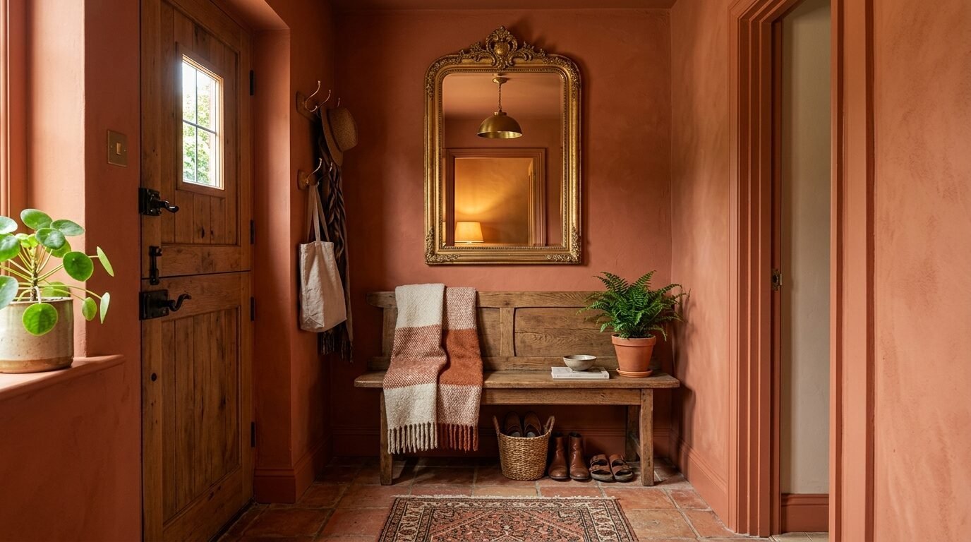 Cozy entryway with warm orange walls, a wood bench with a blanket, and a decorative gold-framed mirror.