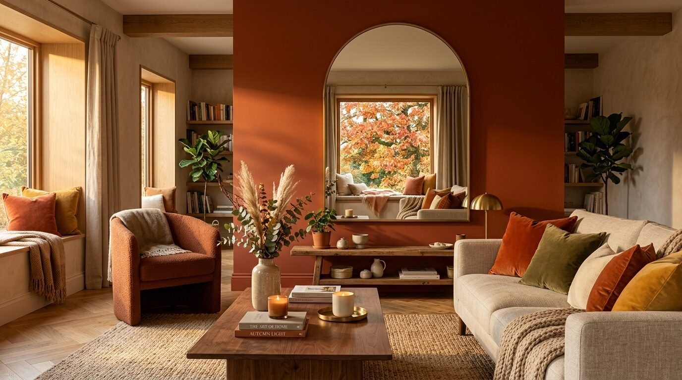A warm, sunlit living room featuring a large arched mirror reflecting a view of vibrant fall foliage through a window.