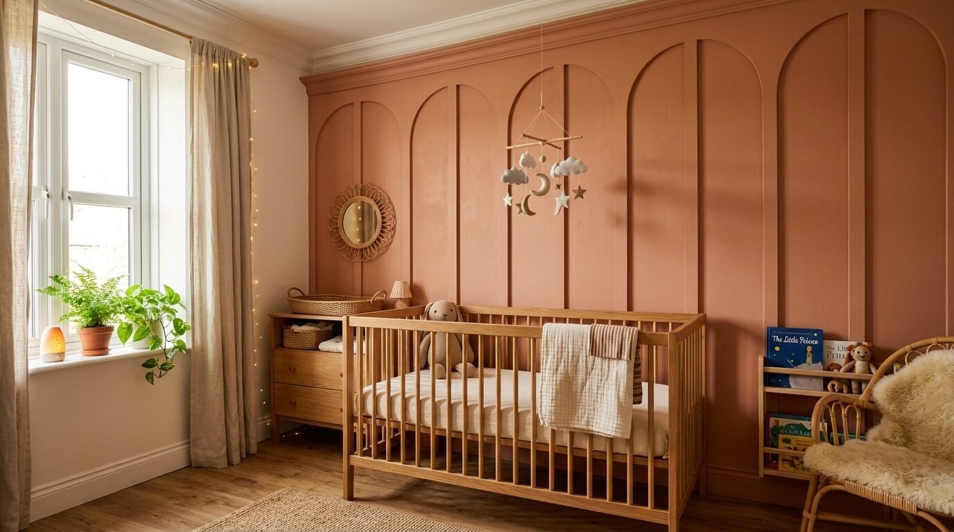 Baby room featuring a wooden crib, terracotta wall with arches, and a hanging moon and star mobile.