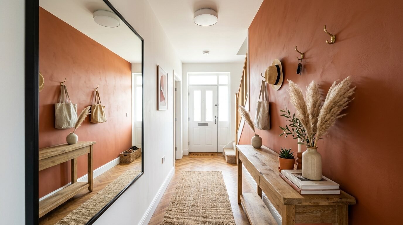 Bright hallway with terracotta accent wall, large floor mirror, and wooden console table with pampas grass.