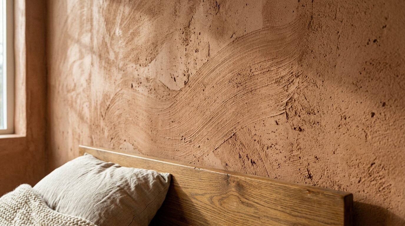 Close up of textured clay-colored wall above a wooden bed headboard in soft sunlight.