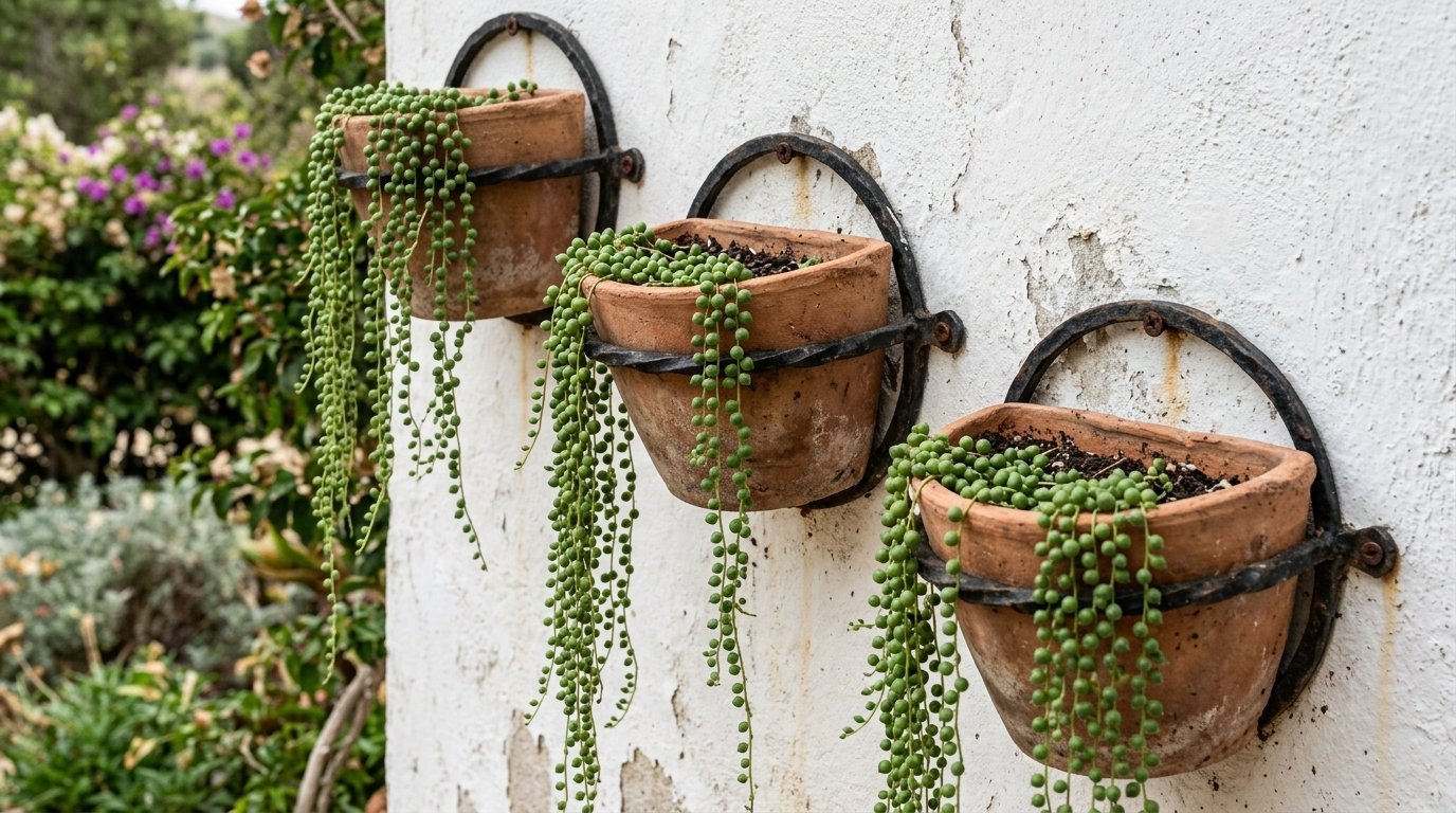 Three rustic clay pots mounted on a weathered white wall containing cascading succulent plants.