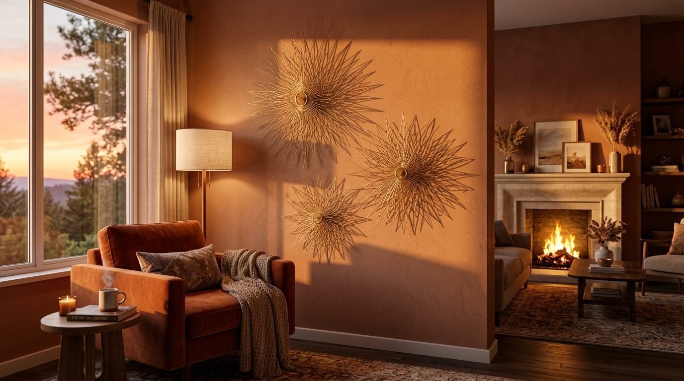 Three gold spiky wall decorations hanging on a warm terracotta wall next to a cozy velvet reading chair.