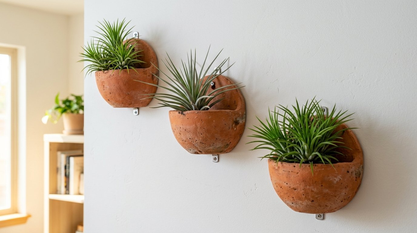 Three half-round clay planters mounted on a white wall, each containing a spiky green air plant.