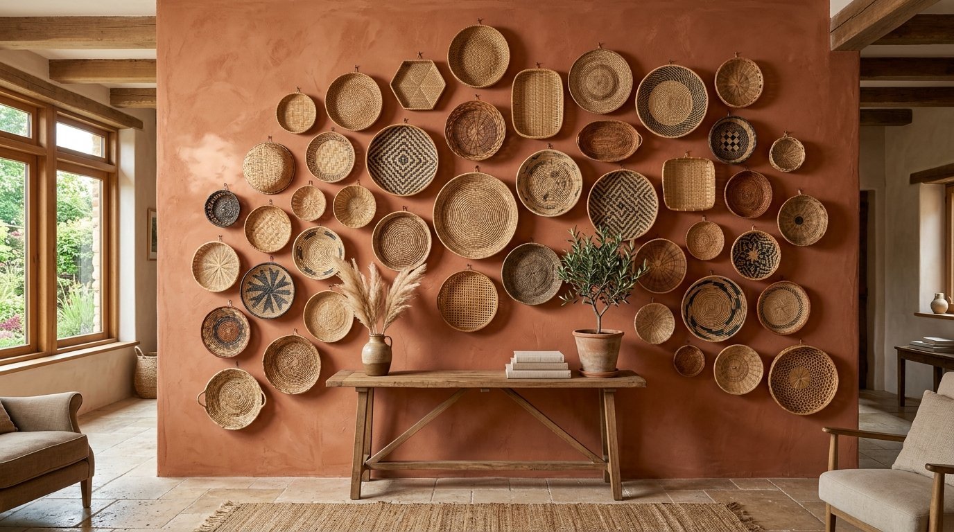 Many different sized round and woven baskets arranged as a gallery wall above a wooden console table.