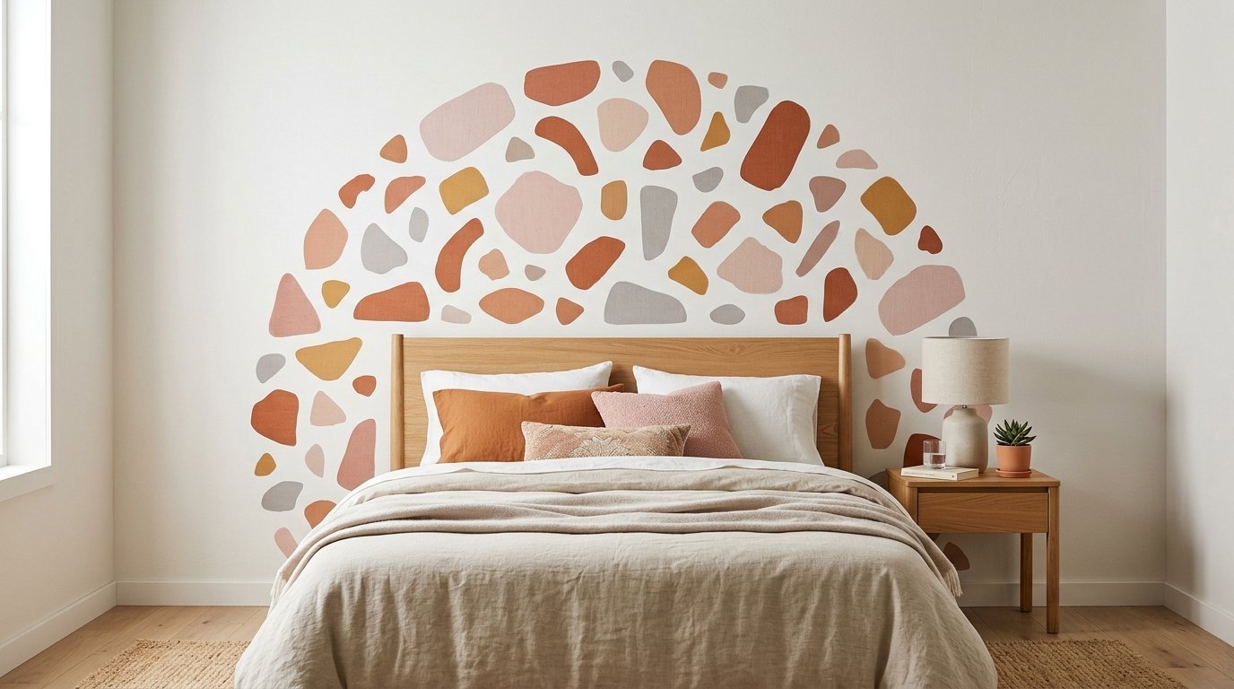 A bedroom wall featuring a semi-circle decal with abstract stone shapes in terracotta, pink, and grey colors.