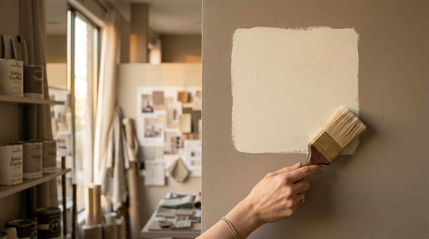 A person's hand uses a brush to paint a square swatch of cream-colored paint onto a neutral brown wall surface.