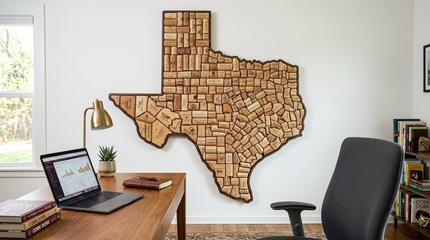 Wall art shaped like Texas filled with various wine corks hanging above a home office desk.