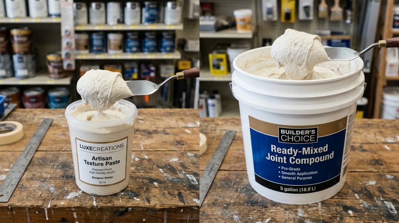 A palette knife holding textured white paste over two open containers of construction materials on a work bench.