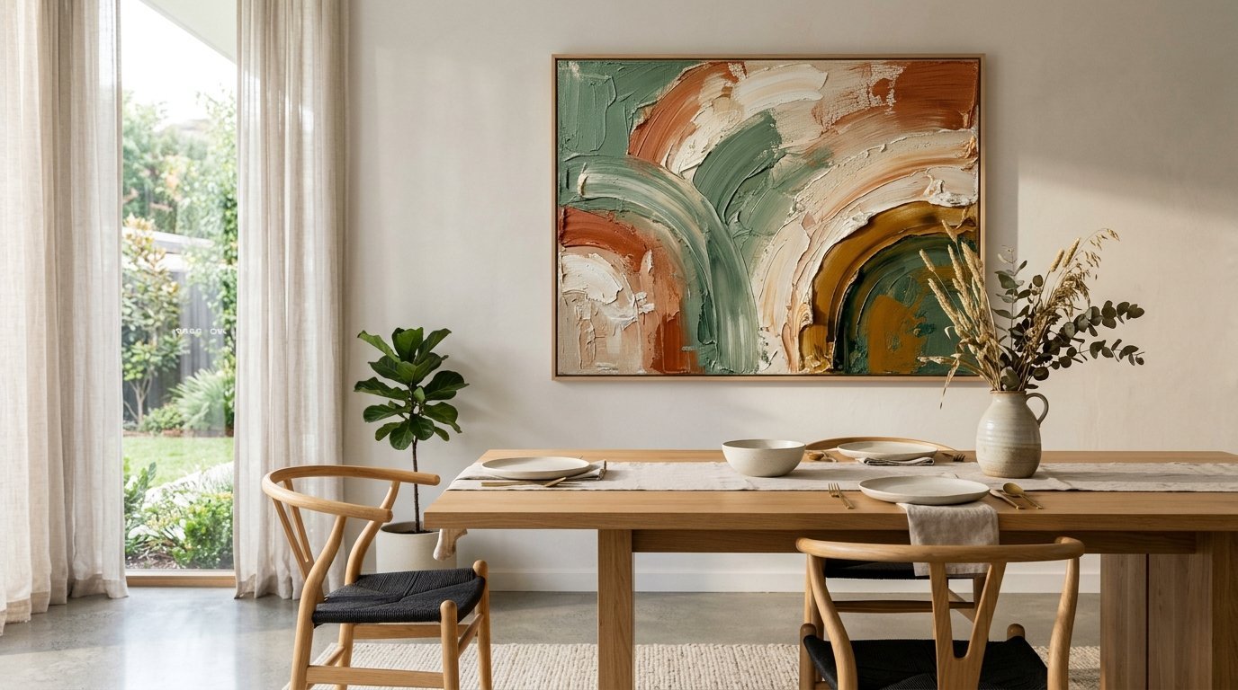 A beige dining room with a thick paint textured abstract art piece on the wall and a table set with ceramic plates.