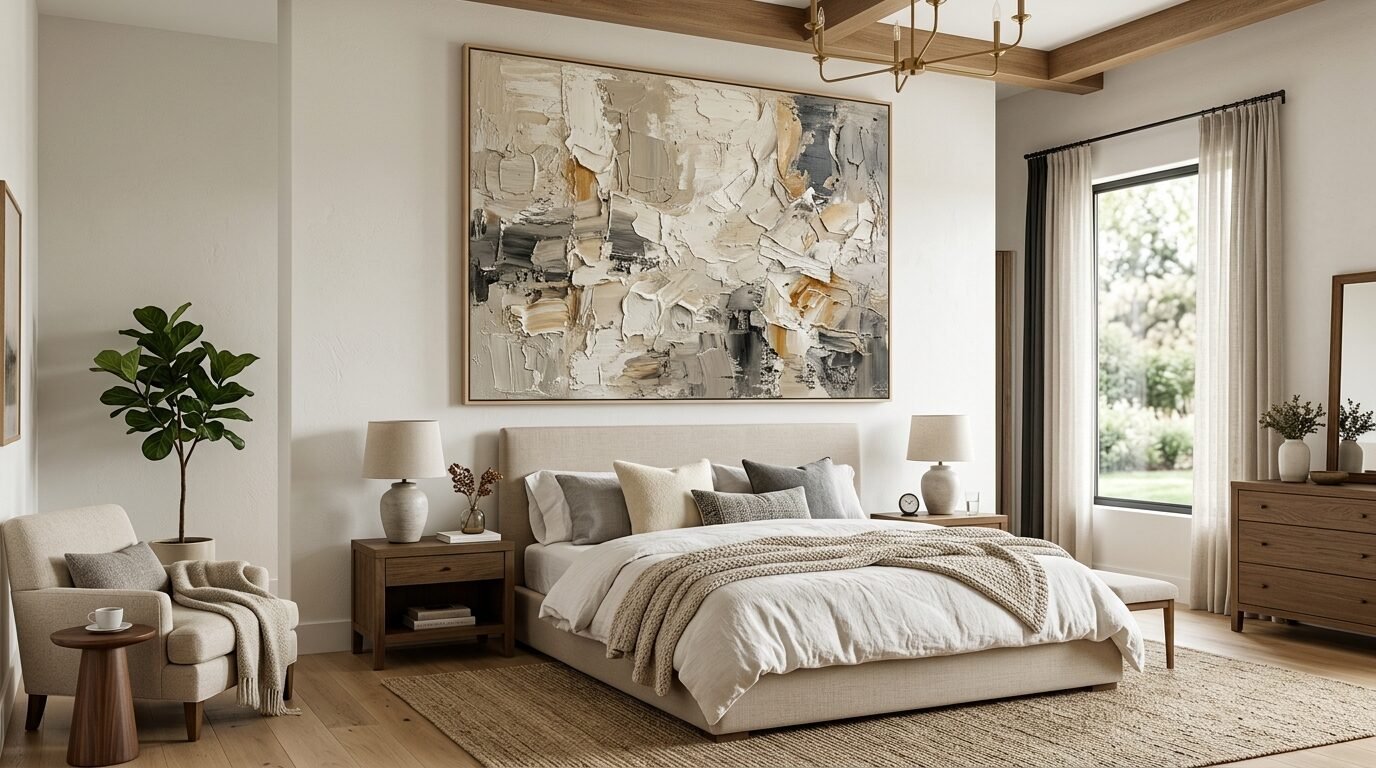 A beige upholstered bed featuring a large neutral abstract canvas hanging on the wall above it in a cozy bedroom.