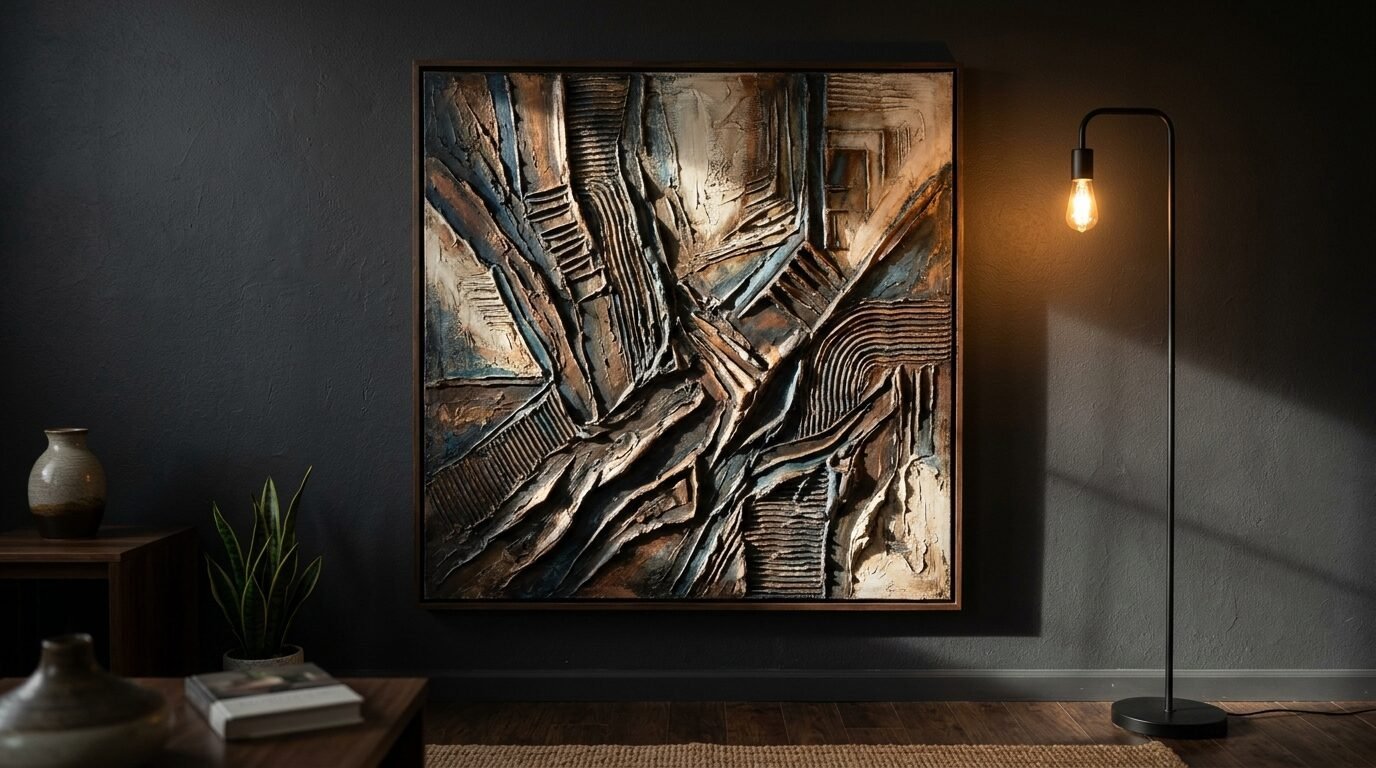 A dark, textured square abstract painting with raised geometric lines hanging on a charcoal wall next to a floor lamp.
