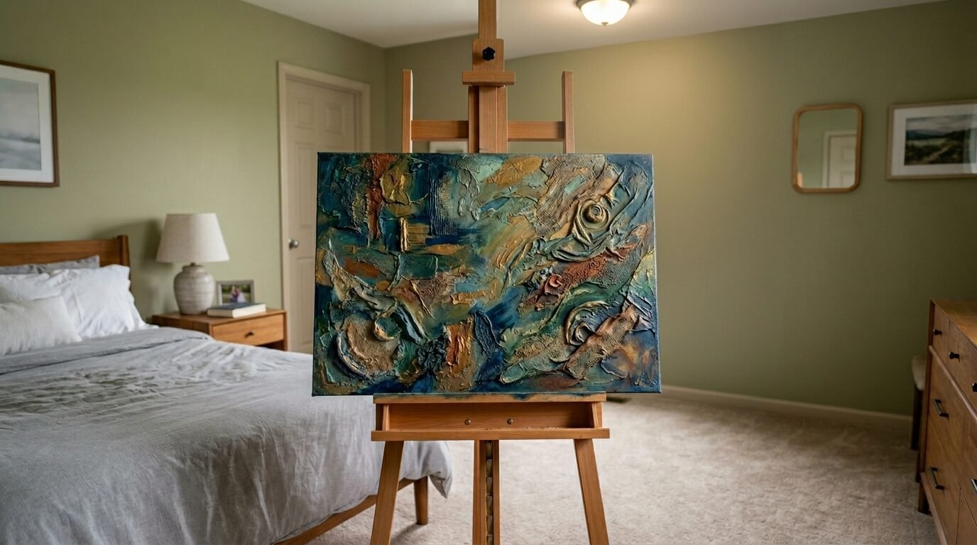 An impasto style abstract canvas featuring teal, blue, and gold tones positioned in a cozy green bedroom.