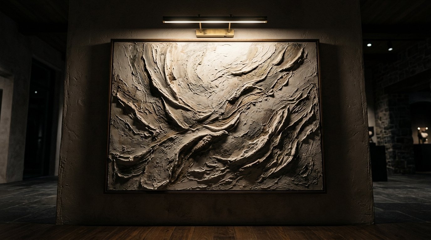 A beige impasto painting with raised flowing ridges hangs on a dark wall under a warm picture light.
