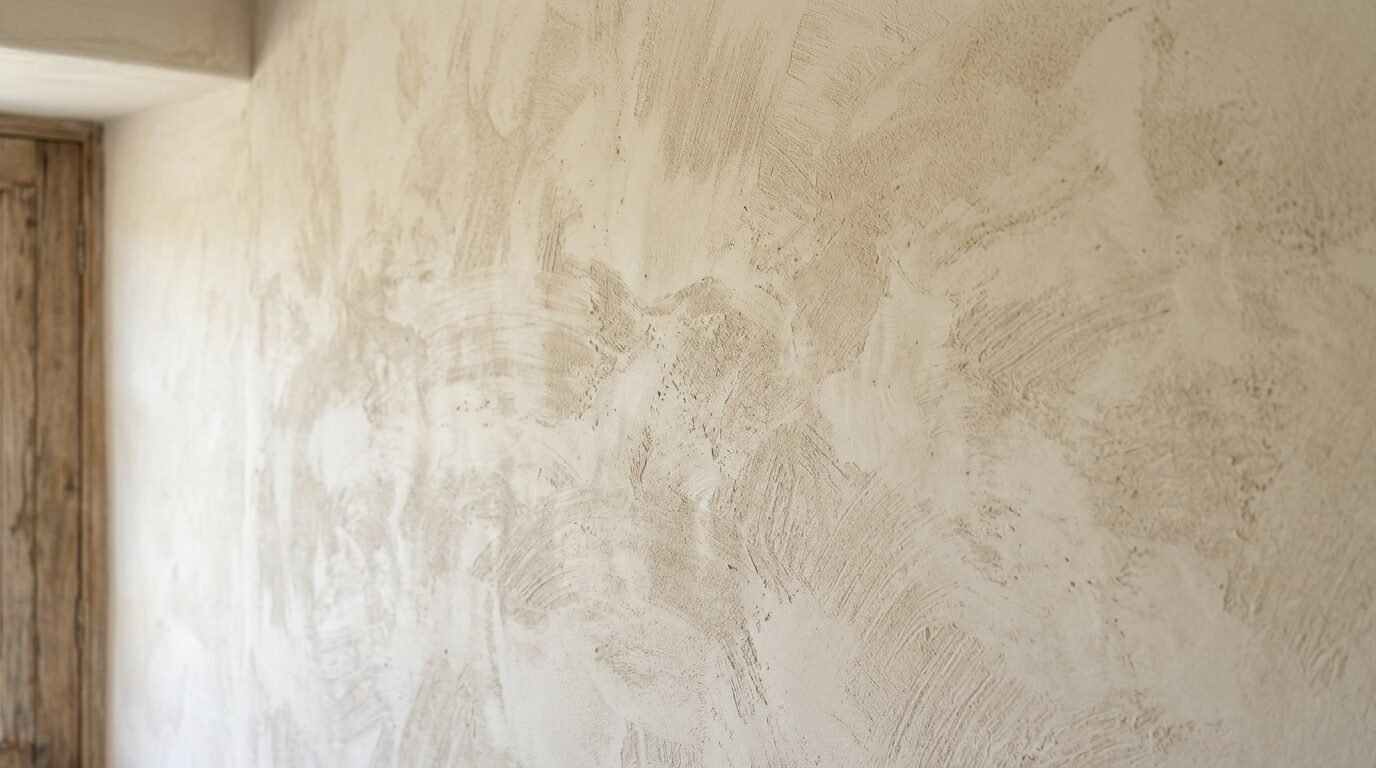 A close up view of an uneven, light brown plastered interior wall surface showing rough circular texture patterns.