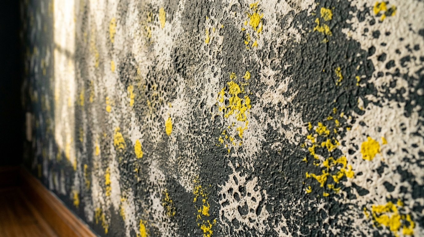 Close-up of a wall with rough texture featuring mottled black, white, and bright yellow splatter paint patterns.