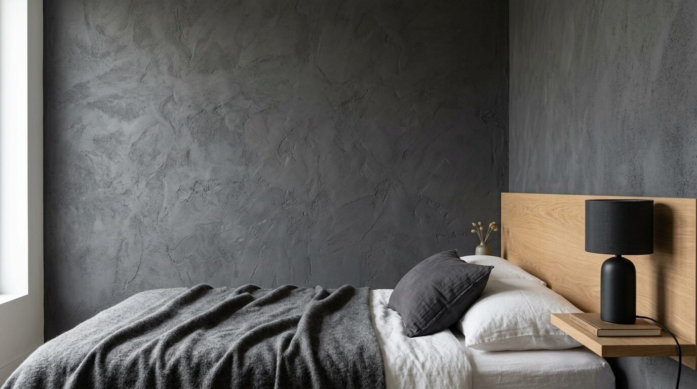 A bed with white linens and a grey blanket set against a rough charcoal plaster wall with a floating wood shelf.