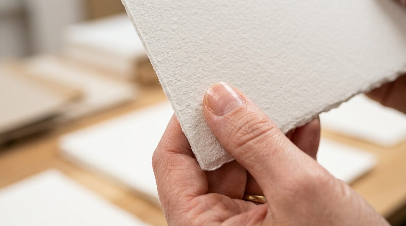 Close up of hands holding a thick sheet of off-white paper with rough deckled edges.