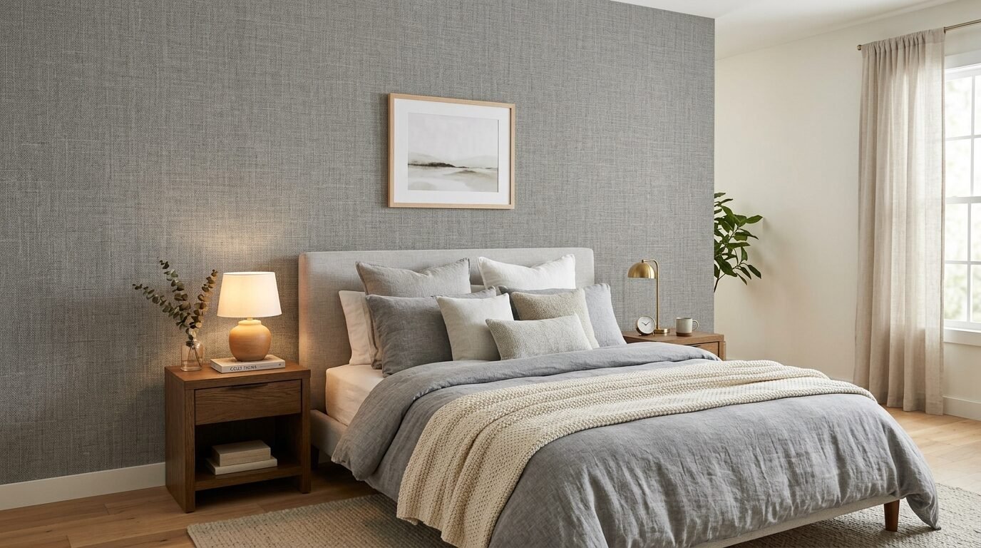Neutral bedroom interior featuring a grey linen bed, wooden nightstands, and a framed abstract landscape painting.