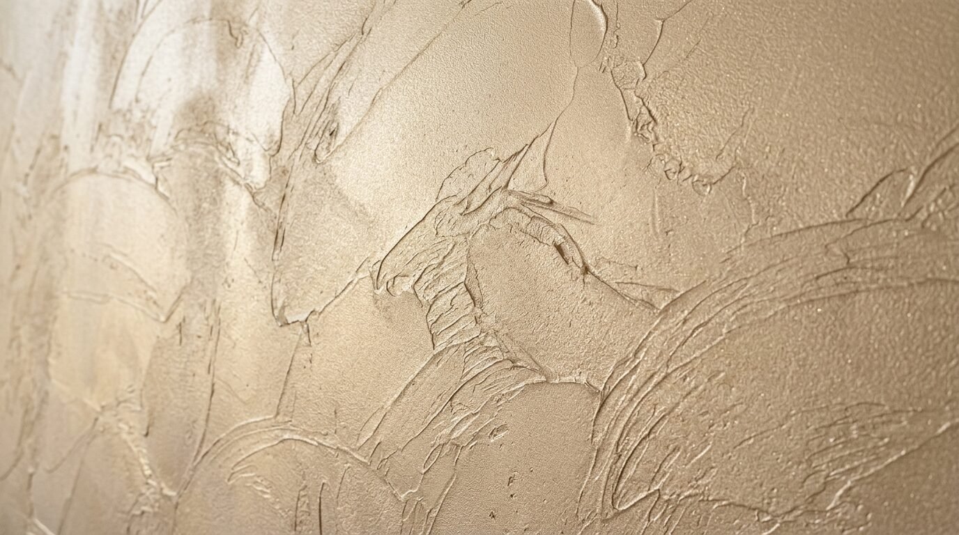 Swirling textured patterns on a reflective gold paint surface with high contrast lighting.