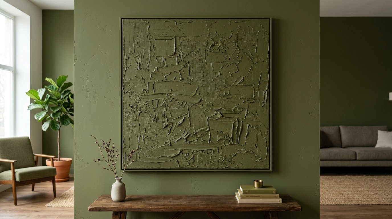 A square canvas with thick, layered olive green impasto paint hangs on a matching colored wall above a wooden console.