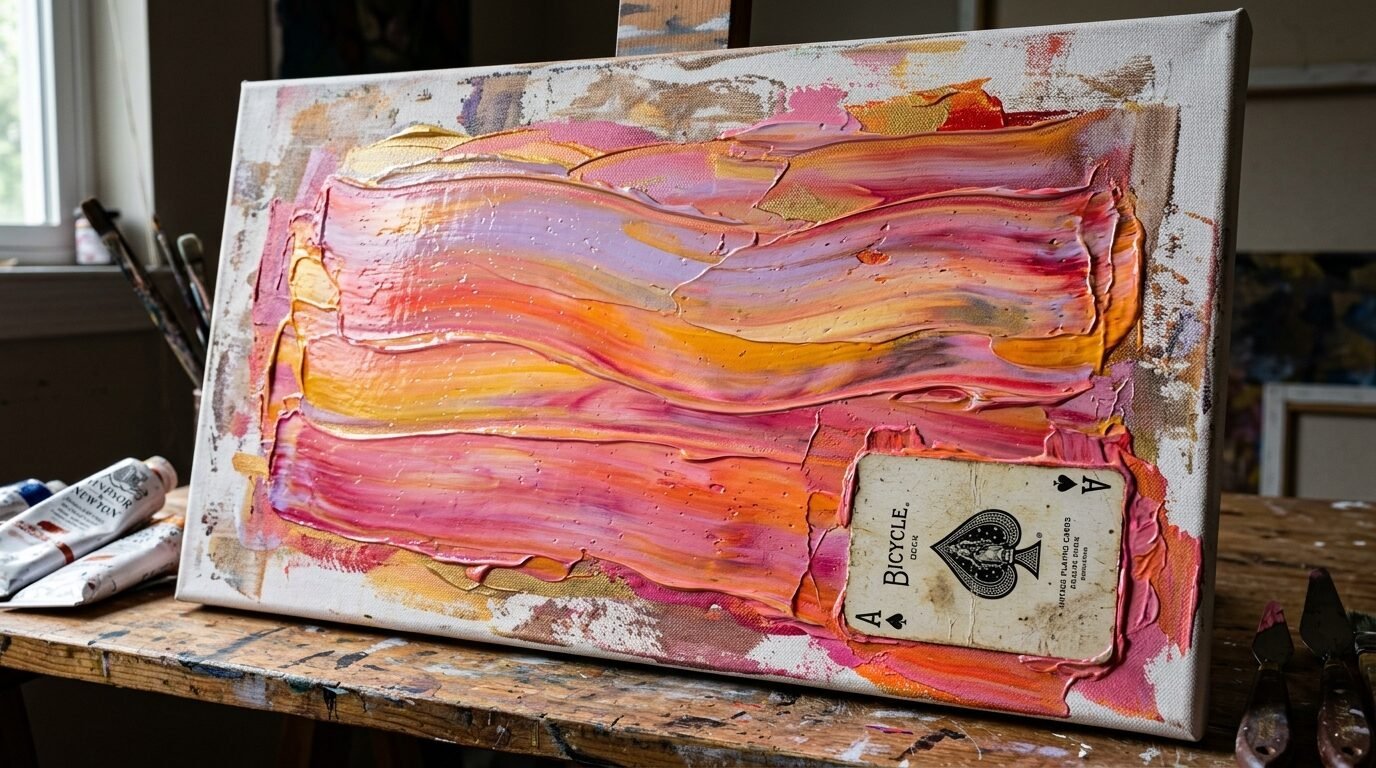 Close up of an abstract canvas with thick pink and orange impasto paint strokes and an embedded Ace of Spades card.