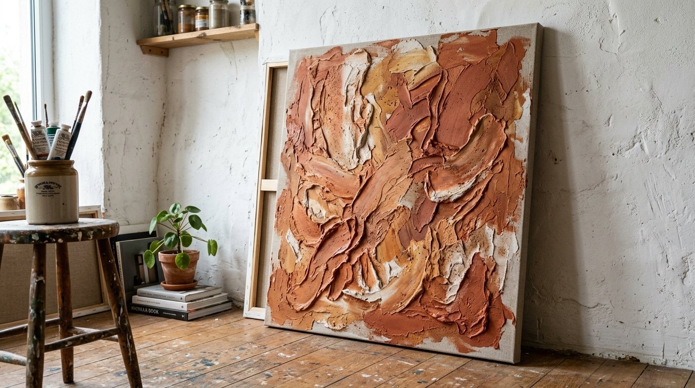 A thick, heavily textured abstract painting in shades of orange and brown leaning against a white studio wall.