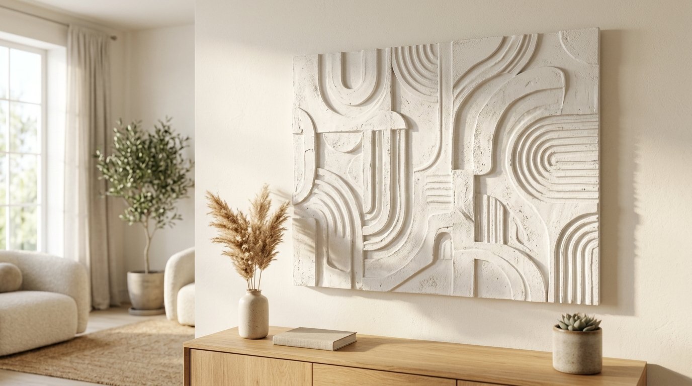 A beige 3D plaster wall art piece with arched geometric lines mounted above a wooden console table.