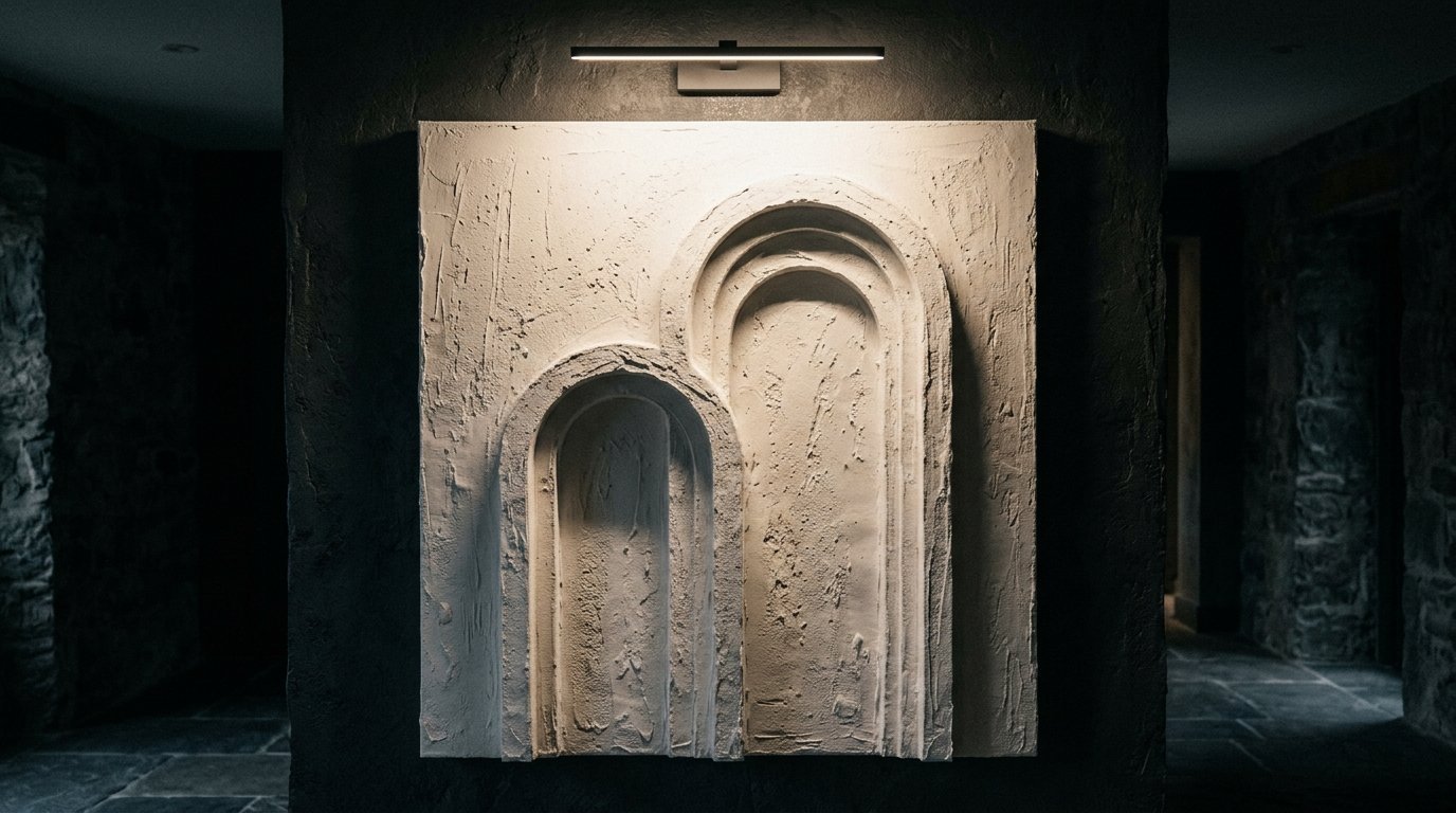 Close up of an off-white sculptural art piece with arch patterns hanging on a dark stone wall under a spotlight.