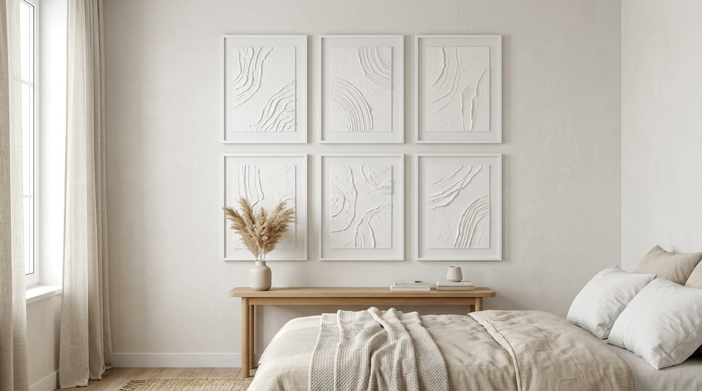 Six framed white abstract textured paintings hung in a grid above a wooden console table in a neutral bedroom.