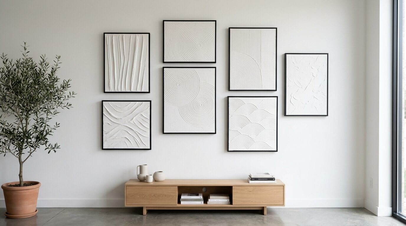 Gallery wall display featuring six framed abstract white textured canvases above a wooden media console.