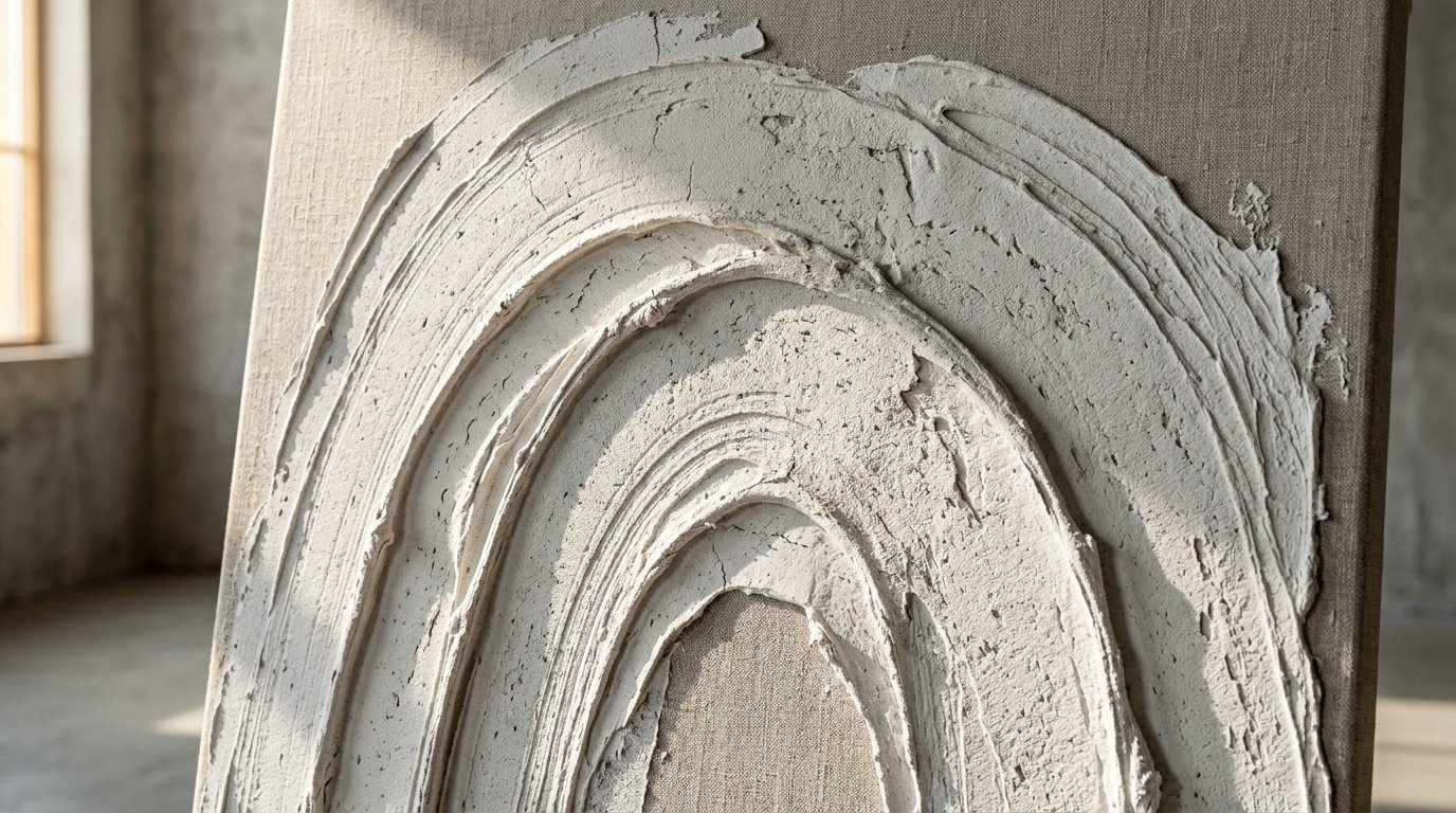 Close up of an art canvas with thick white circular plaster texture in a sunlit room.