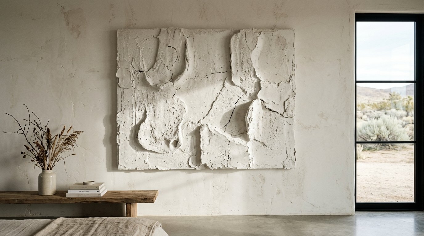 A beige plaster wall art piece with cracks and high relief texture above a wooden bench.