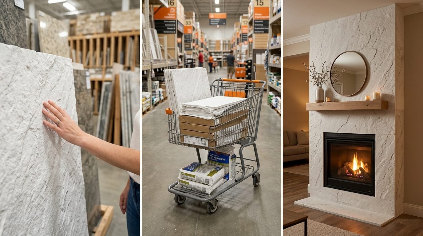 Collage showing a hand touching stone tile, a shopping cart with materials, and a finished white stone fireplace.