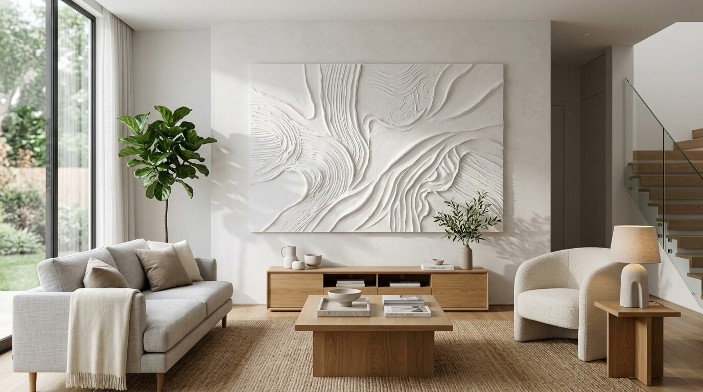 A beige sofa and cream armchair face a wooden coffee table in a room with a large white 3D textured art piece.