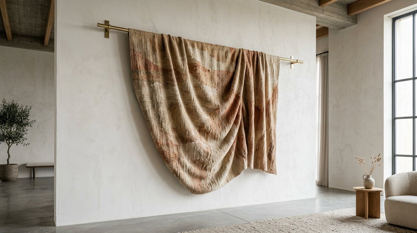 Large textured earth-toned fabric tapestry displayed on a gold metal wall rail in a minimalist room.