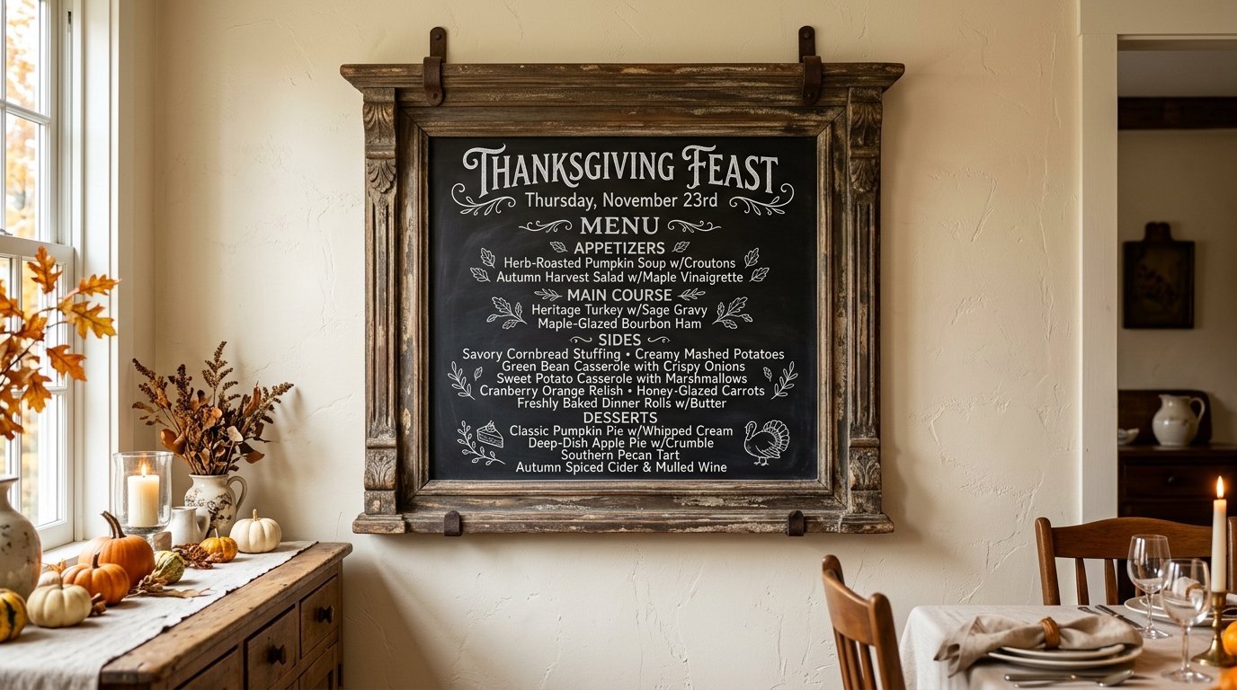 A decorative chalkboard menu framed in distressed wood hanging on a wall for a Thanksgiving dinner celebration.