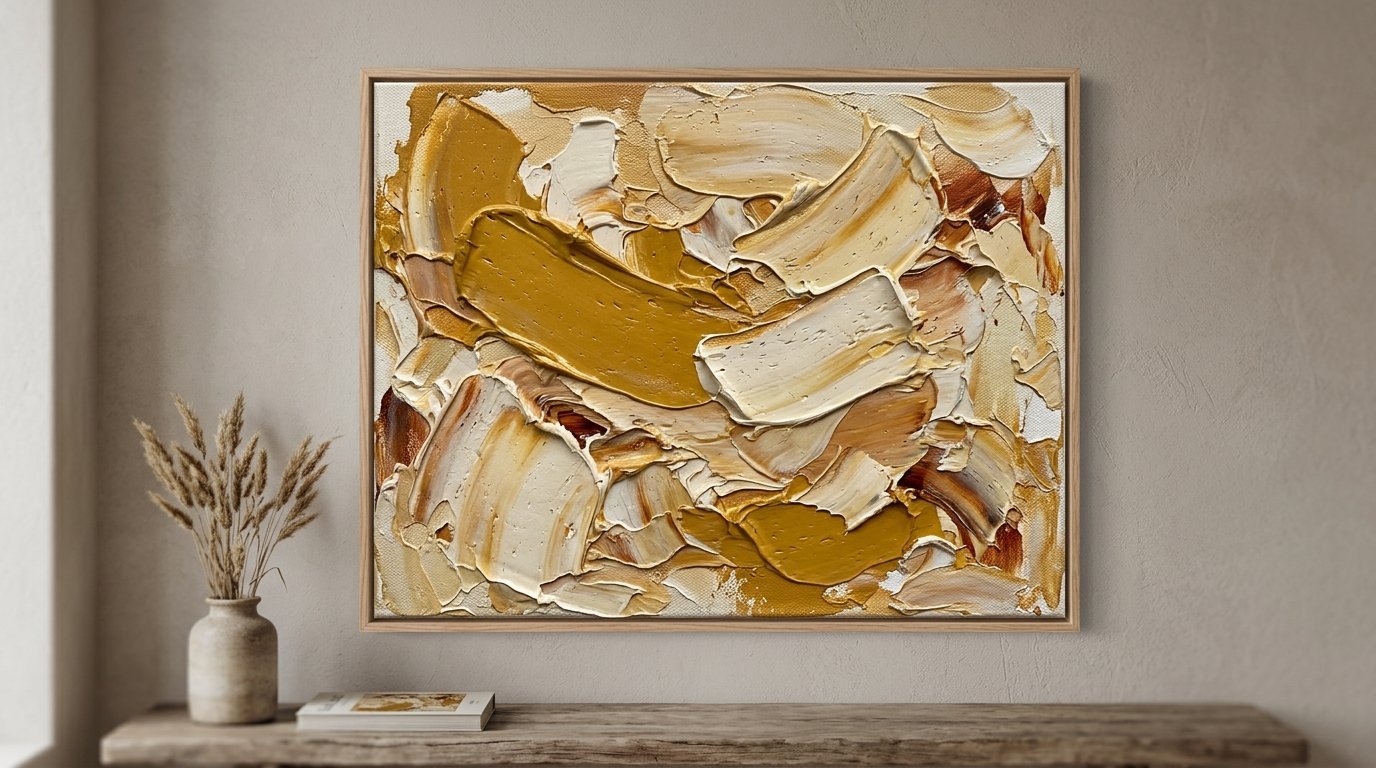 A framed canvas featuring thick, layered oil paint strokes in shades of ochre, beige, and white on a neutral wall.
