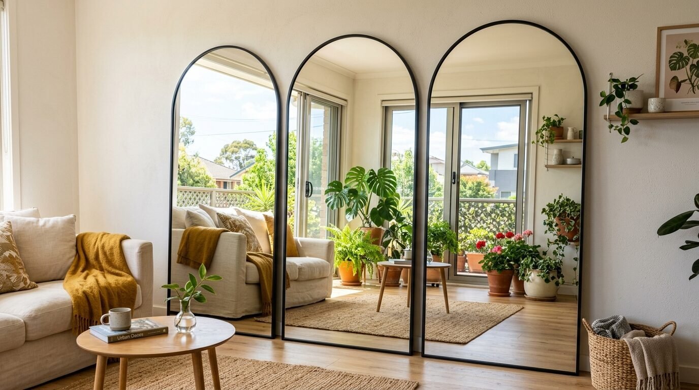 A row of three large arched mirrors with black frames standing against a wall in a sunlit living room.